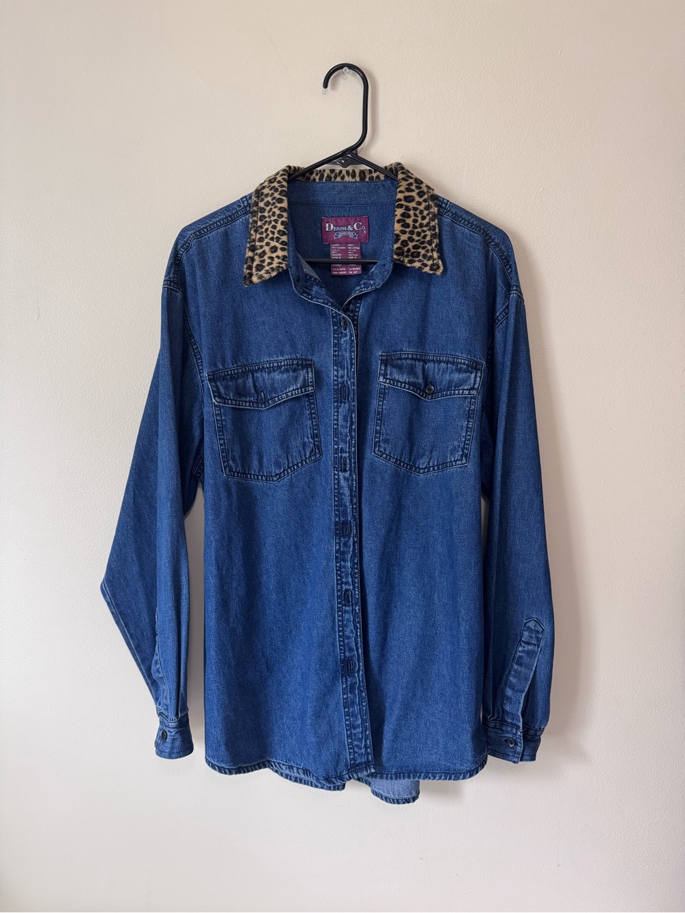 Vintage 90s Denim & Co Long Sleeve Button Up w/ Cheetah Collar | L - Women’s
